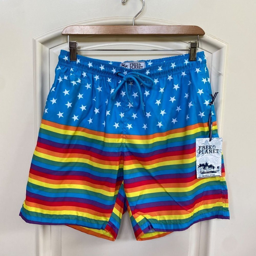 Free Planet Mens Swimming Trunks Size Medium Swim Shorts Rainbow Pride LGBTQ New - Picture 2 of 11